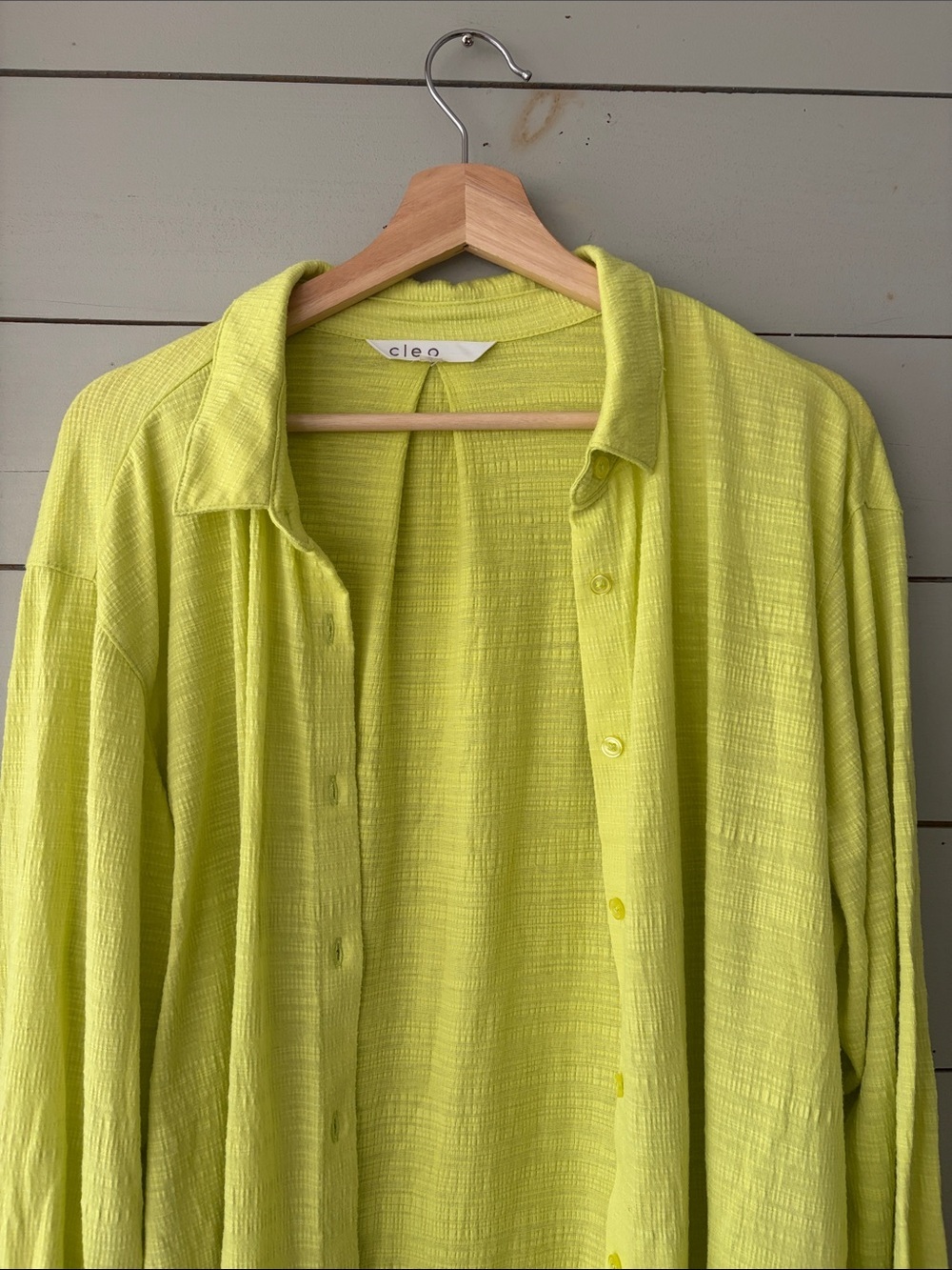 Cleo Lime Green Textured Button-Up Blouse | Lightweight Cover-Up | Size Large - Picture 2 of 5